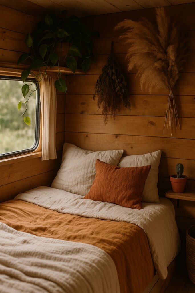 A cosy camper van bedroom with a trailing pothos plant by the window, dried eucalyptus and pampas grass hanging on a wooden wall, and a small cactus on a bedside shelf, complemented by linen bedding in cream and rust tones.