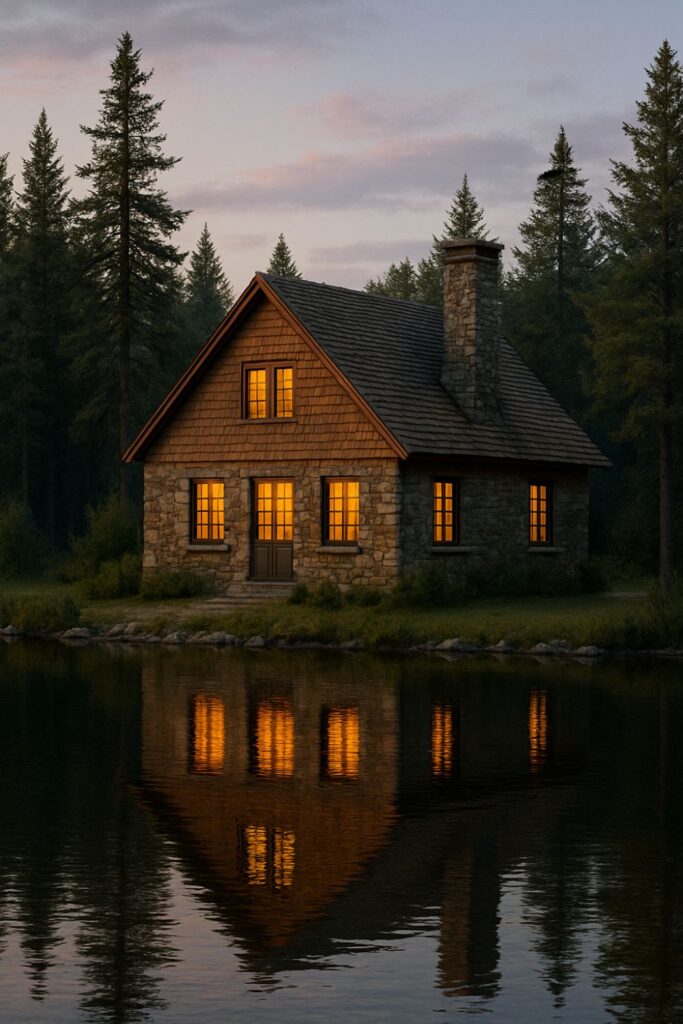 A two-storey stone-and-cedar cottage with glowing windows sits by a calm lake at dusk, surrounded by tall evergreens and reflected in the water.