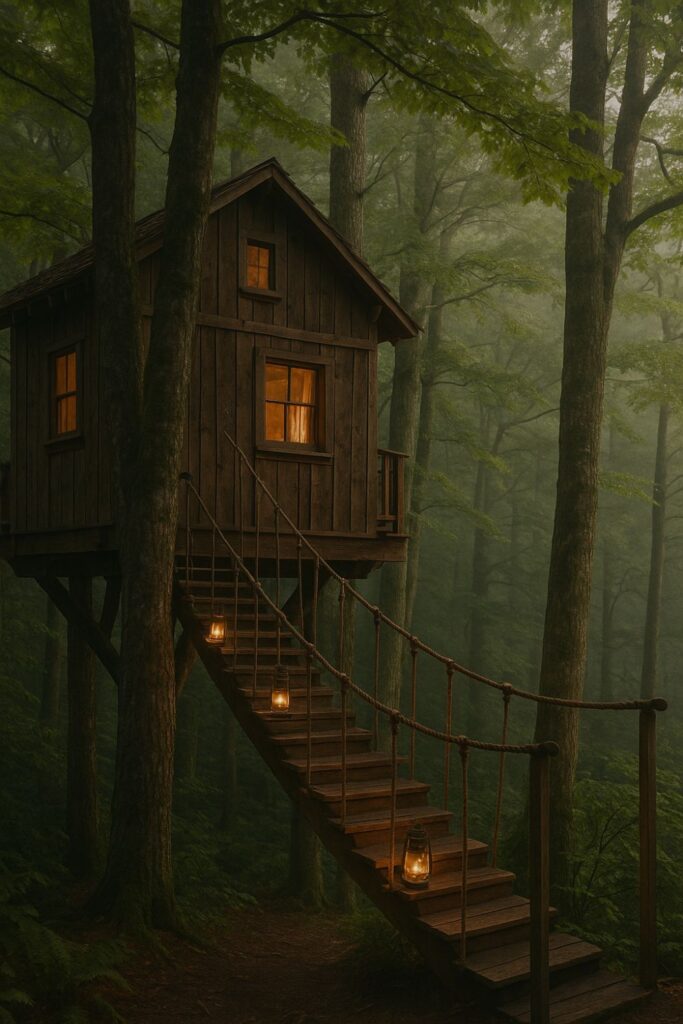 A wooden treehouse glamping setup in the forest, connected by a rope swing bridge. Surrounded by tall trees, the elevated cabin features a small deck and cosy rustic design.