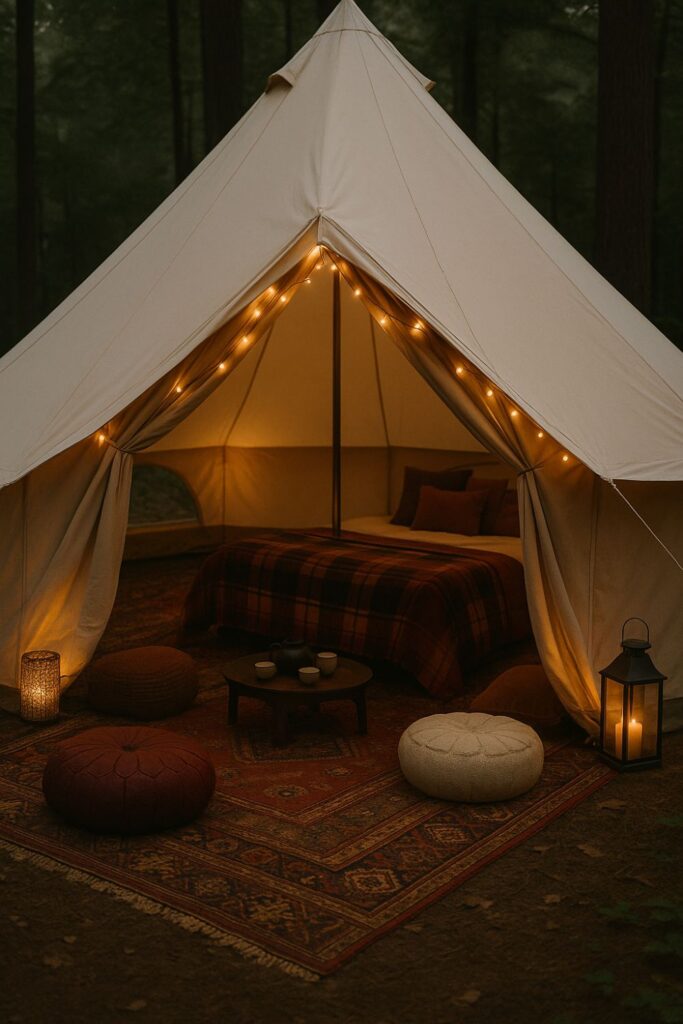 A bohemian bell tent glamping setup in the woods with Persian rugs, floor poufs, and warm golden lighting. The interior is styled in earthy reds and browns, surrounded by forest.