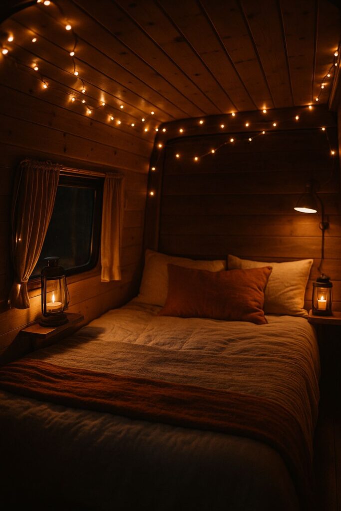 A cosy camper van bedroom softly lit with fairy lights along the ceiling, vintage lanterns on small shelves, and a reading lamp by the bed, all casting a warm glow over earthy linens and wooden walls.