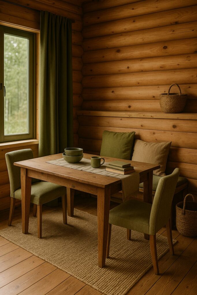 “A wilderness cabin dining nook with knotty pine walls, beige upholstered chairs, olive green curtains, a jute rug, and olive-glazed ceramics on the table.”