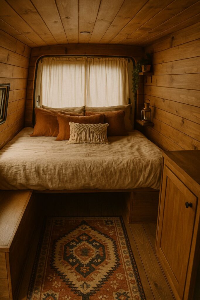 A cosy camper van bedroom with warm wooden walls and ceiling, featuring a faded Persian-style rug underfoot, a bed with earthy linen bedding and textured cushions, and a brass lantern on a small wooden shelf.