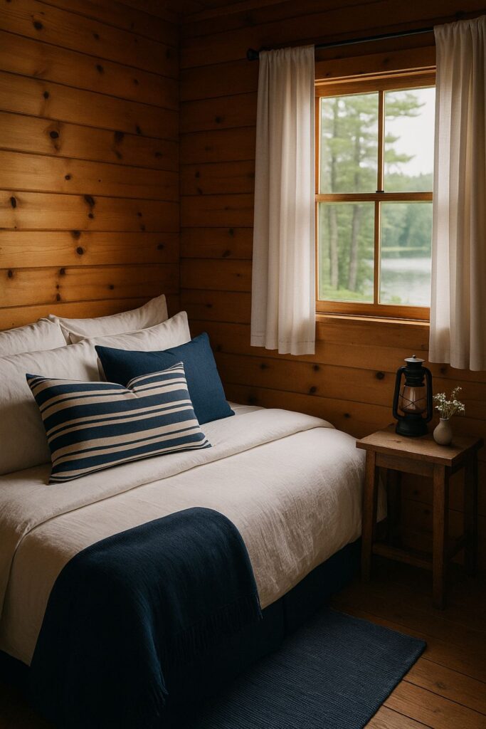 “A lake cabin bedroom with knotty pine walls, crisp white bedding, a navy throw, striped cushions, and a rustic nightstand with a lantern and wildflowers.”