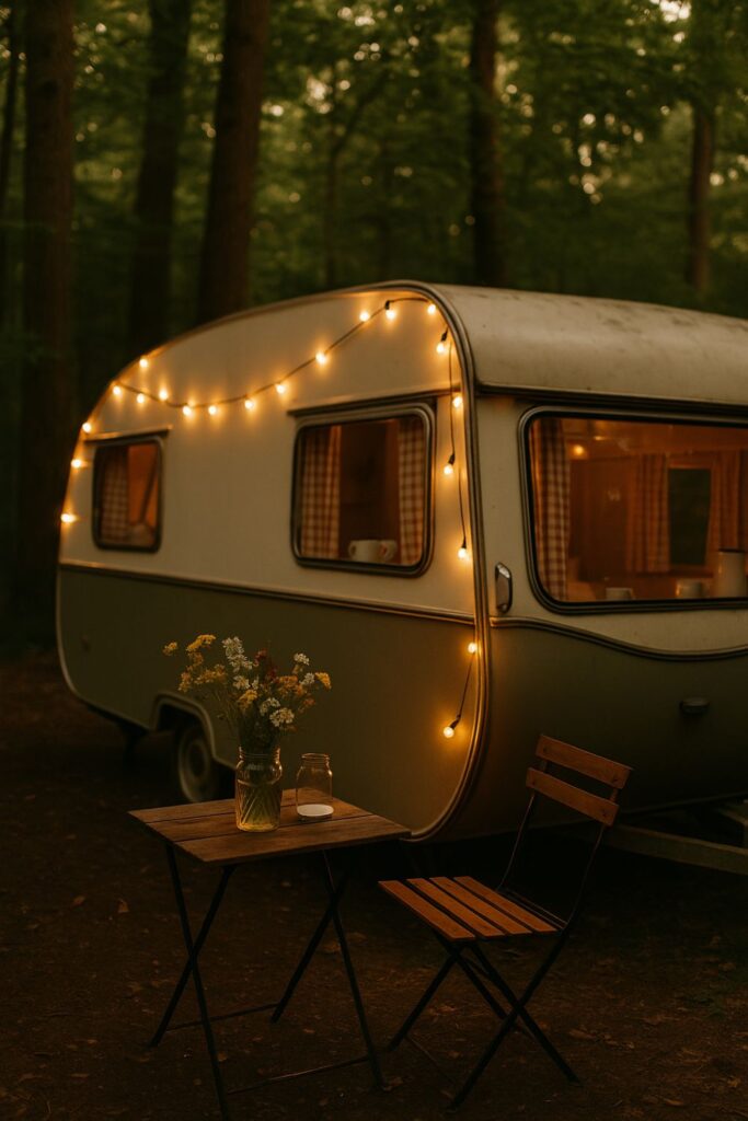 A vintage caravan glamping setup in a woodland clearing with string lights above. Wildflowers in jars, gingham curtains, and retro details create a nostalgic atmosphere.