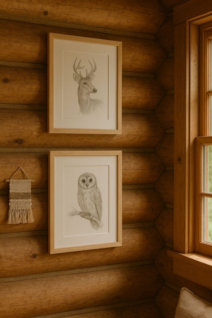 Rustic log cabin corner with framed pencil wildlife sketches of deer and owls, simple wooden frames on log walls, daylight glow.