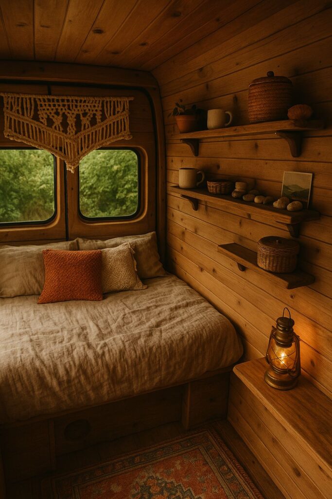 A cosy camper van interior with open wooden shelves displaying ceramic mugs, woven baskets, small stones, and a postcard. The bed is dressed in linen bedding with textured cushions, framed by a macramé window hanging and warm wooden walls.