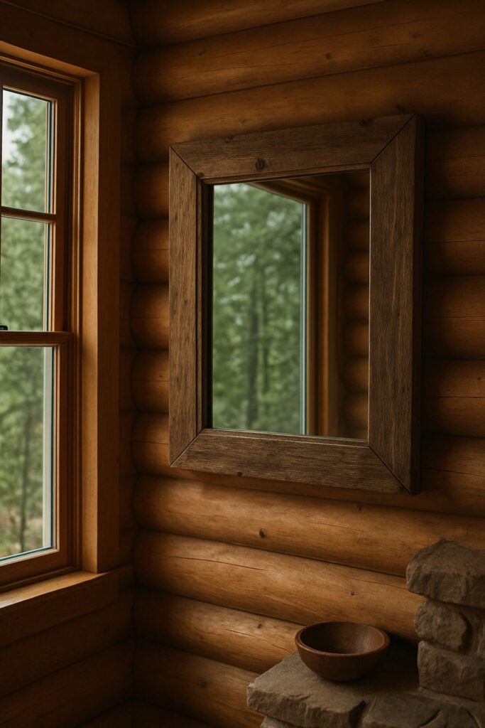 Rustic log cabin corner with a rustic wooden-framed mirror on log walls, reflecting soft daylight and adding depth.