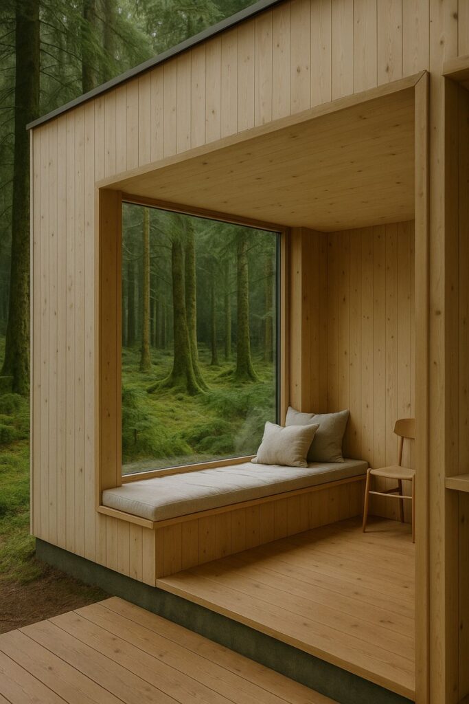 A Scandinavian-style wooden cabin in the forest with pale timber walls and a wide window seat. Clean lines and minimalist decor create a calm, modern glamping retreat.