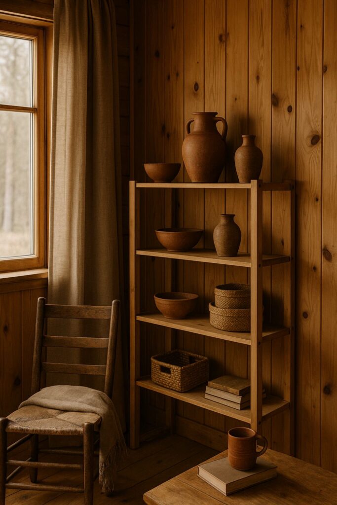 “A rustic cabin interior with knotty pine walls, taupe linen curtains, terracotta pottery on pine shelves, and a wooden chair with a taupe cushion.”