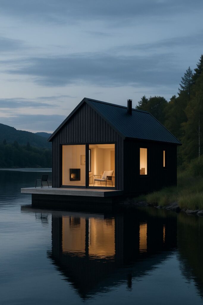 A sleek Scandinavian black timber cabin with large glass doors sits at the lake’s edge at twilight, its warm-lit minimalist interior reflecting in the calm water.