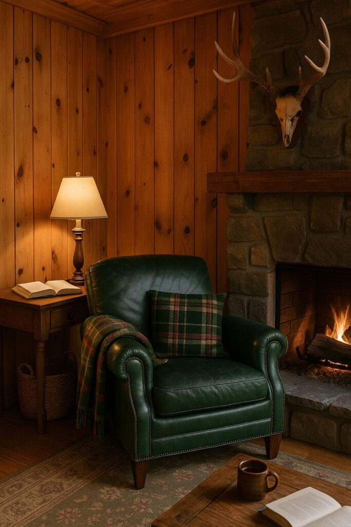 “A lodge-style cabin with knotty pine walls, a green leather armchair with a plaid throw, a cream lampshade, and a stone fireplace with stacked firewood.”