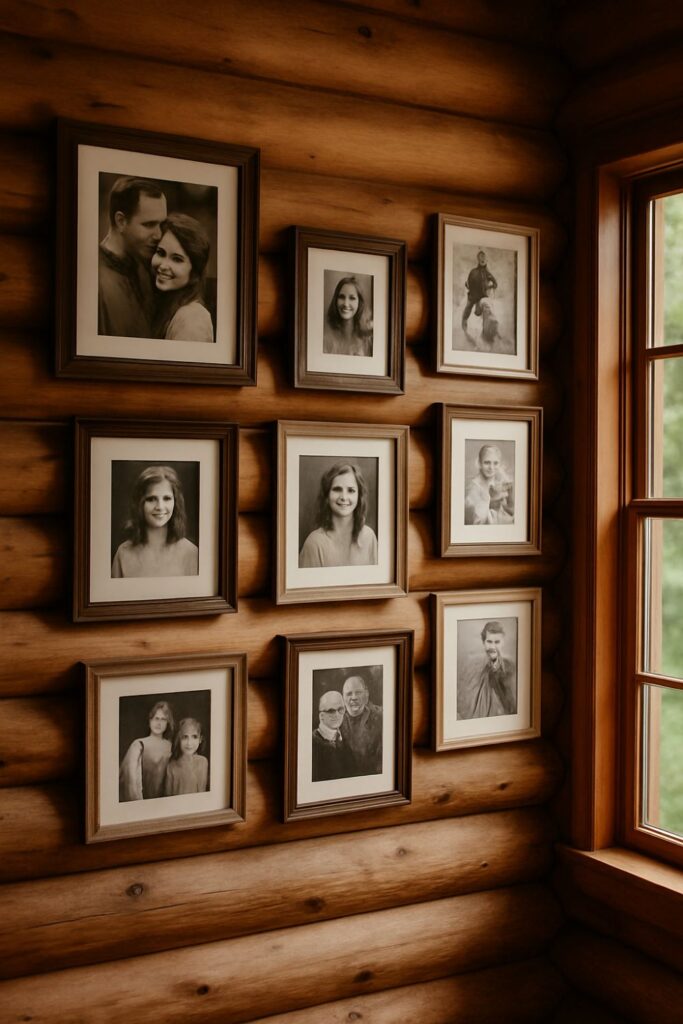 Rustic log cabin wall with black-and-white family photographs in assorted frames, forming a gallery wall, warmly lit by daylight.