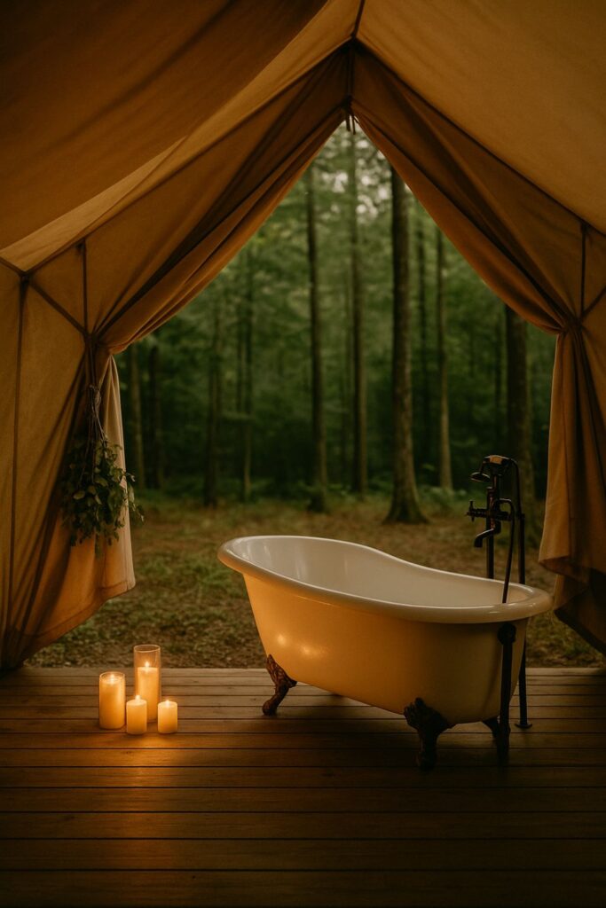 A safari-style glamping tent on a wooden deck with a freestanding clawfoot tub. Surrounded by trees, the setup includes soft lighting and forest views for a luxurious outdoor experience.