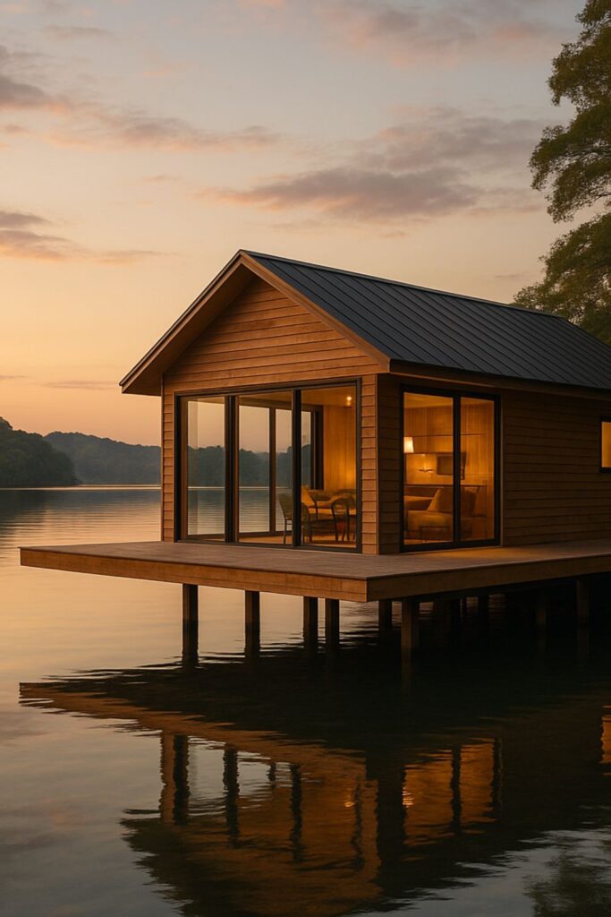 A modern wooden floating deckhouse on stilts at sunset, with large glass doors opening to a cantilevered deck over calm lake waters, reflecting the warm interior light.