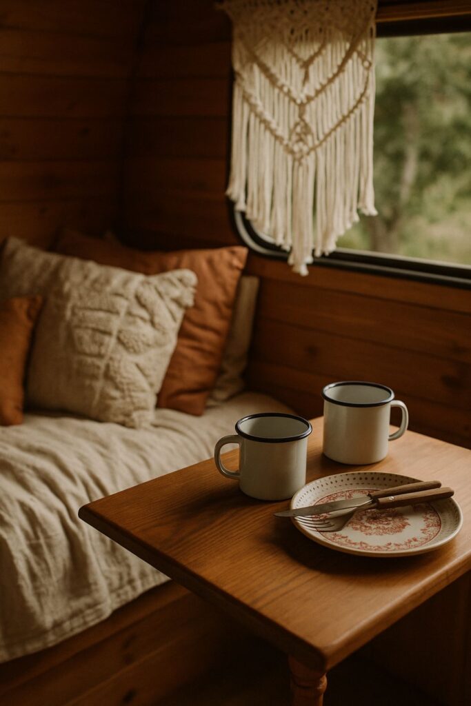 A cosy camper van scene with a small wooden table set with two enamel mugs, a vintage patterned plate, and mismatched cutlery. Behind the table, a bed with textured cushions and a macramé curtain frames the window, bathed in warm natural light.