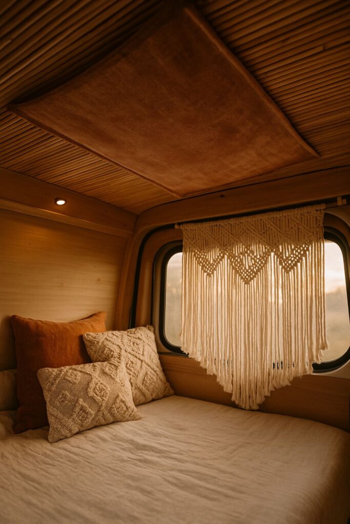 A boho camper van interior with a bamboo-matted ceiling featuring a central fabric panel, a bed with textured cushions in earthy tones, and a macramé curtain framing the window in soft sunlight.