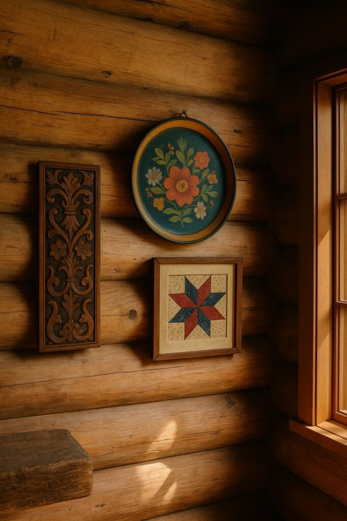 Rustic log cabin corner with colourful folk art pieces—painted wooden panel and quilt square—hung on log walls in daylight.