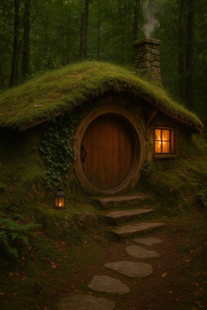 A hobbit-style glamping house nestled into a mossy hillside with a round door, grassy roof, and stone chimney. Surrounded by forest, the scene feels storybook-like and peaceful.