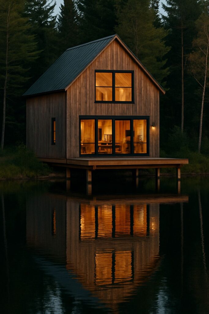 A rustic-meets-modern barn-style lake house with vertical timber siding, large modern windows, and a mezzanine loft, glowing warmly at dusk and reflecting in the water.