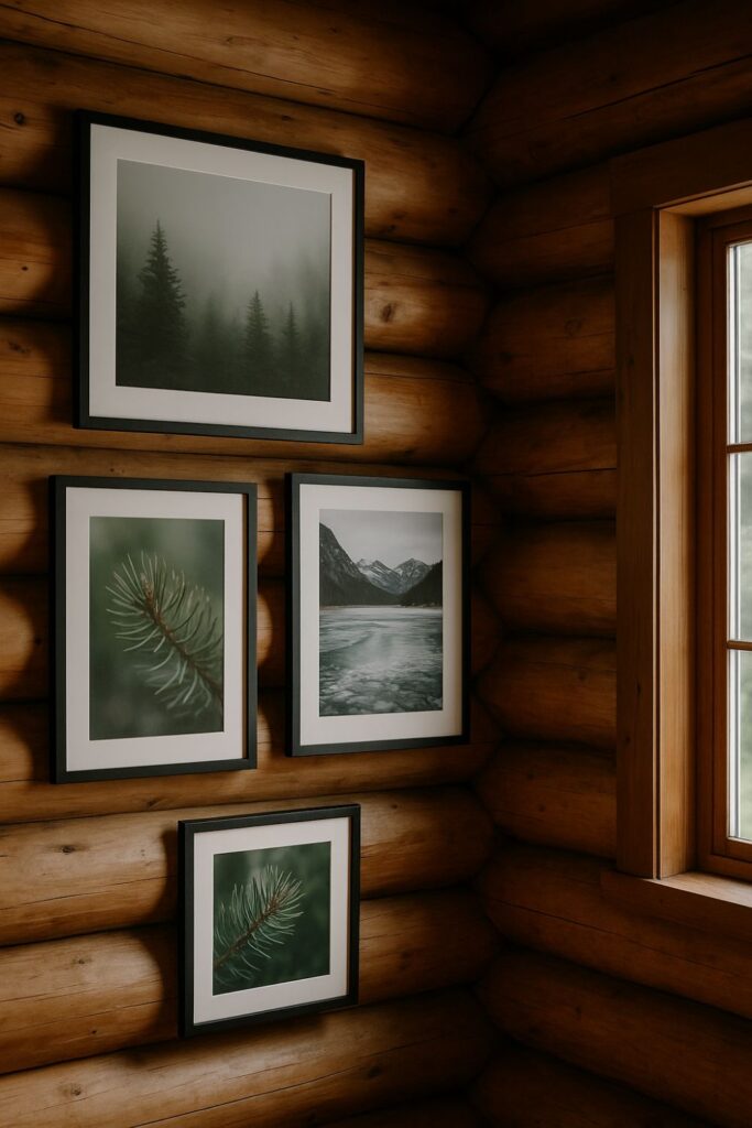 Rustic log cabin wall with framed black-and-white nature photography of a misty forest, matte finish prints softly lit by daylight.