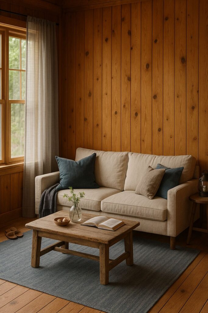 “A coastal cabin living room with knotty pine walls, a slate blue rug, sheer grey curtains, a driftwood coffee table, and a linen sofa with blue and grey cushions.”
