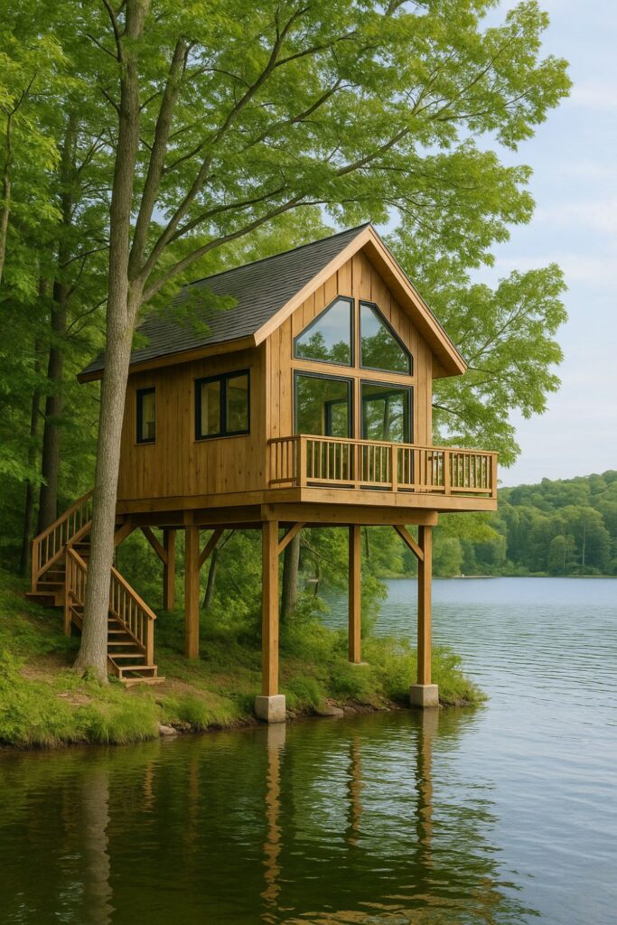 A wooden treehouse-style lakeside cabin on stilts with large windows, a balcony, and a staircase leading down to the shore, surrounded by leafy green trees on a sunny day.
