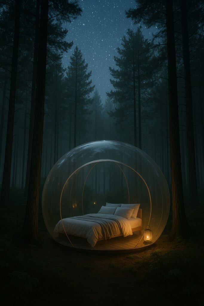 A transparent bubble tent nestled in a pine forest. The clear walls allow views of surrounding trees and sky. Inside, soft bedding and lanterns create a cosy, immersive atmosphere.