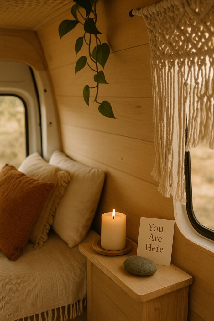 A cosy camper van corner with a small wooden shelf holding a lit candle, a smooth stone, and a card reading “You Are Here,” next to a bed with textured cushions, a trailing pothos plant, and a macramé curtain.