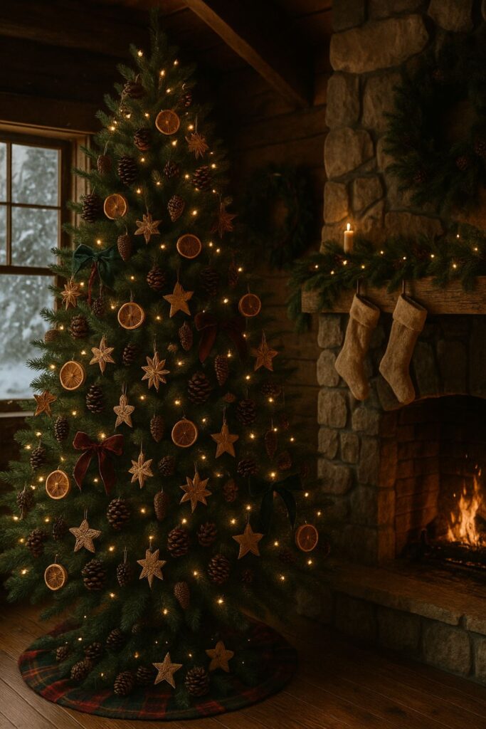 A Christmas tree in a rustic mountain lodge decorated with pinecones, dried orange slices, straw stars, and wooden ornaments, glowing with warm fairy lights beside a stone fireplace.