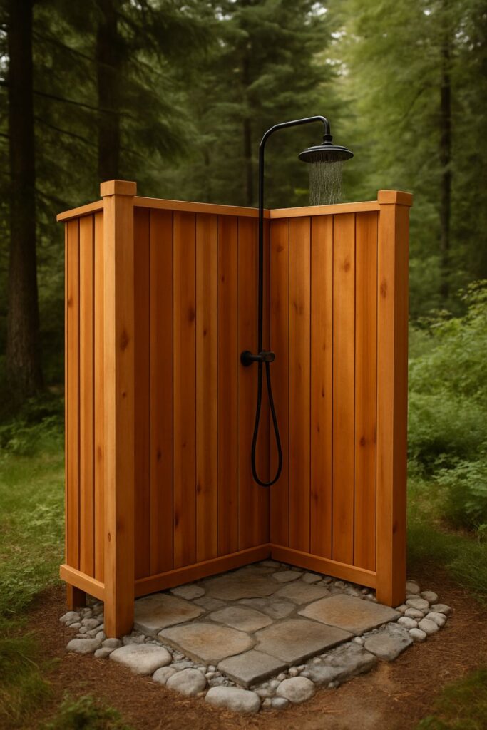 A rustic outdoor shower enclosed with vertical cedar slats on a stone base, featuring a black rainfall showerhead, surrounded by trees and soft greenery.
