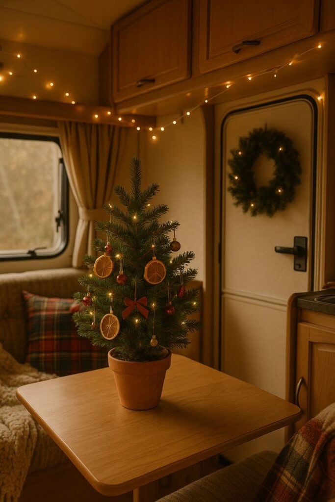 Portrait of a Christmas-decorated RV interior with a small tabletop tree decorated with dried orange slices and ribbons, fairy lights strung across cupboards, plaid cushions and a knit throw on the seating, and a green wreath on the door for a cosy festive atmosphere.