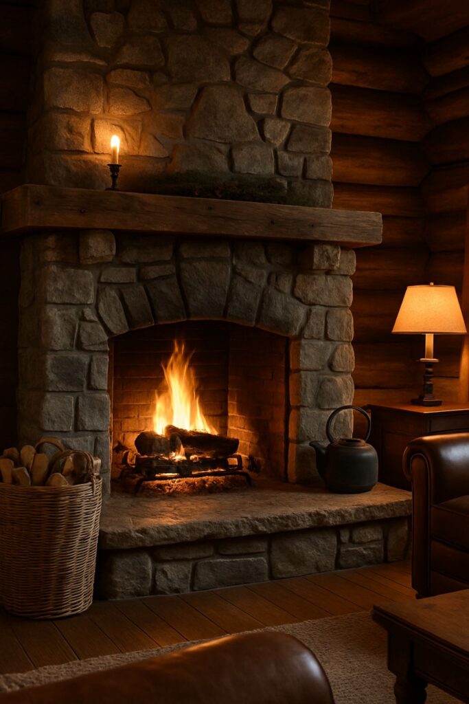 “Rustic stone fireplace in a cosy mountain lodge with glowing fire, timber mantle, firewood basket, and warm lamplight.”