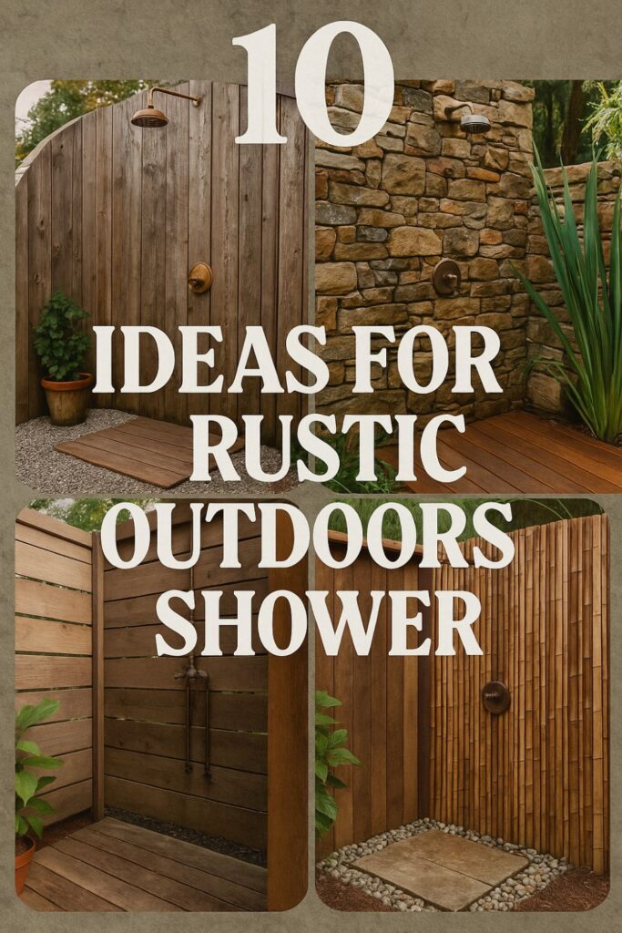 A collage of rustic outdoor showers, including cedar slats, timber poles, a barrel base, and mossy stone walls, set in forest and garden settings.
