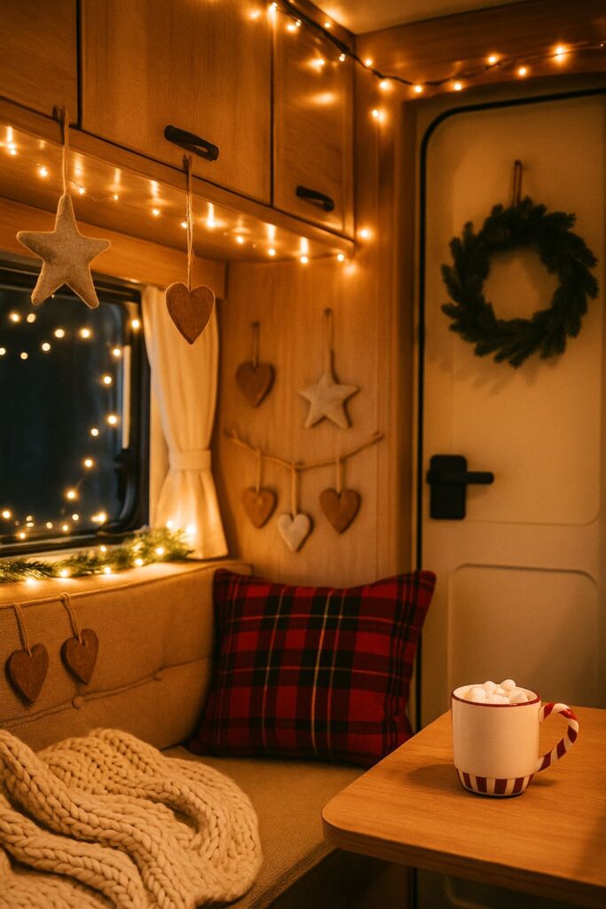 Portrait of an RV decorated for Christmas with handmade felt stars and wooden heart ornaments hanging from cupboards and twine, fairy lights above, plaid cushions and a knit throw on the seating, and a mug of cocoa on the table.