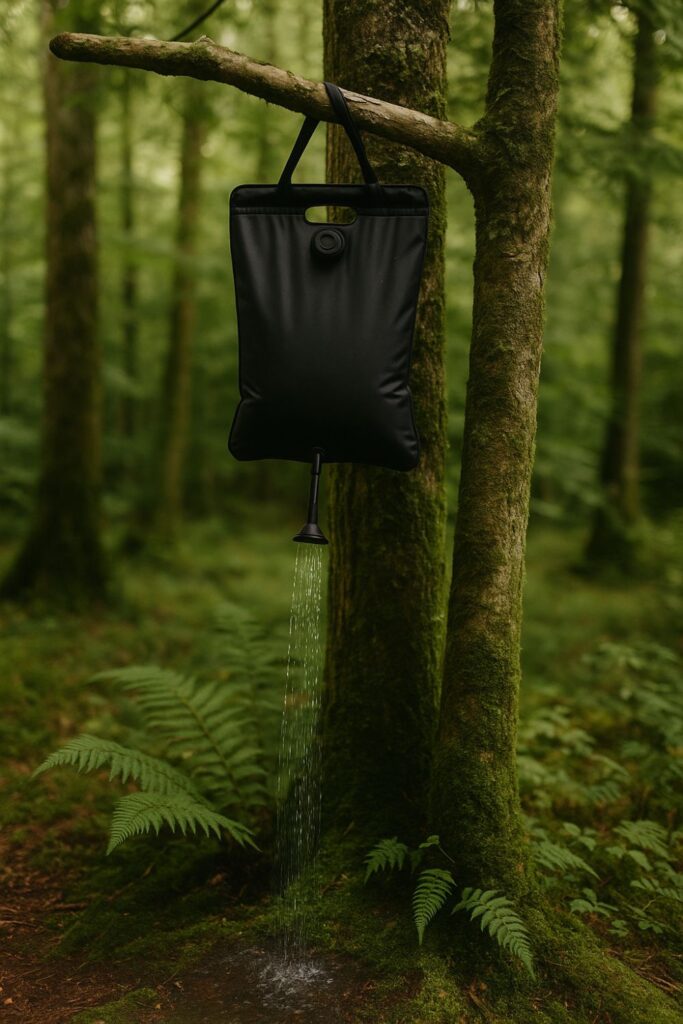 A rustic outdoor shower using a black solar shower bag hung from a tree branch, with water dripping down, surrounded by forest greenery and moss.