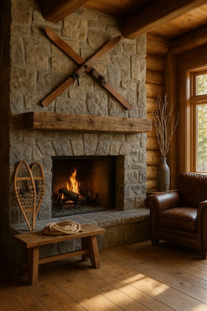“Daytime mountain lodge dining area with a rustic timber table, benches, linen runner, stoneware plates, beeswax candles, timber beams, stone walls, and sunlight streaming through windows.”