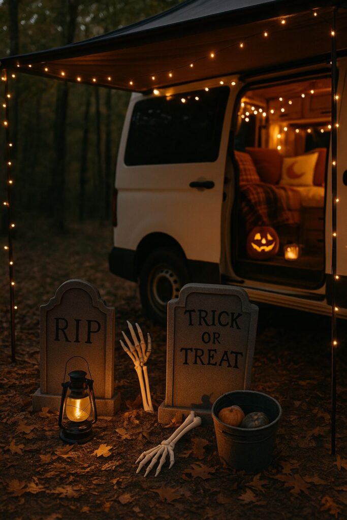 A camper van campsite decorated with a Halloween graveyard scene beneath the awning, including tombstones, skeleton arms, lanterns, and fairy lights above.