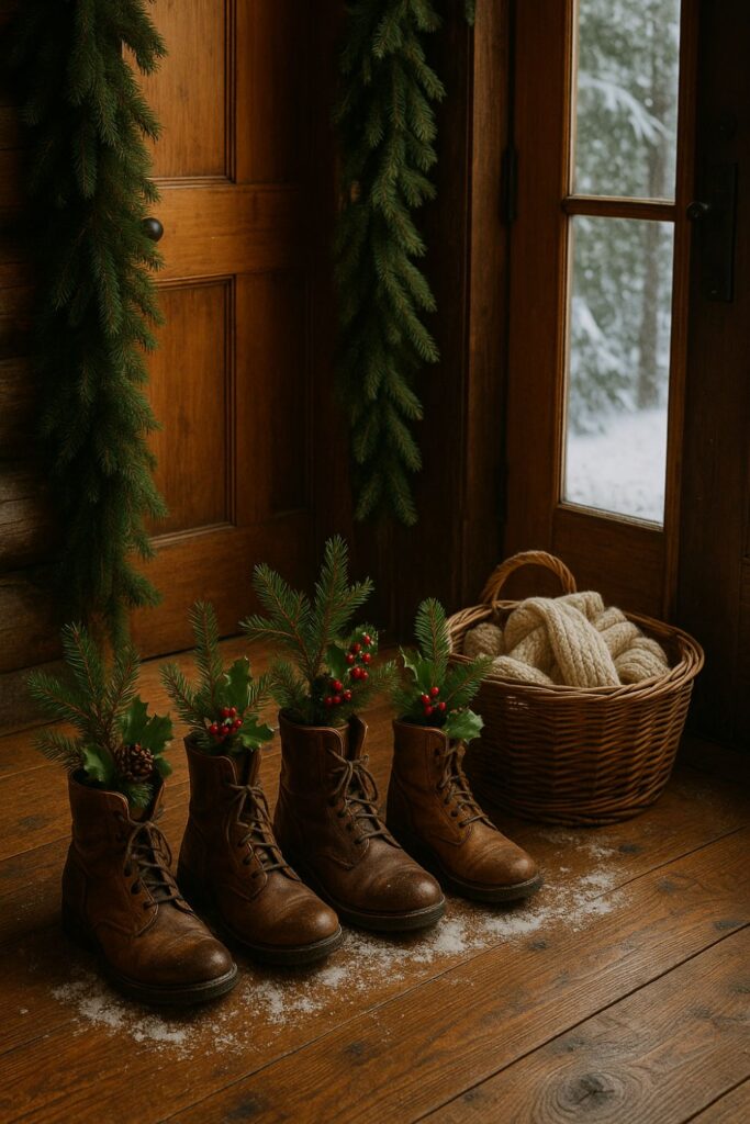 Vintage leather boots filled with pine and holly by a mountain lodge door, with a basket of wool socks nearby, creating a festive Christmas entryway.
