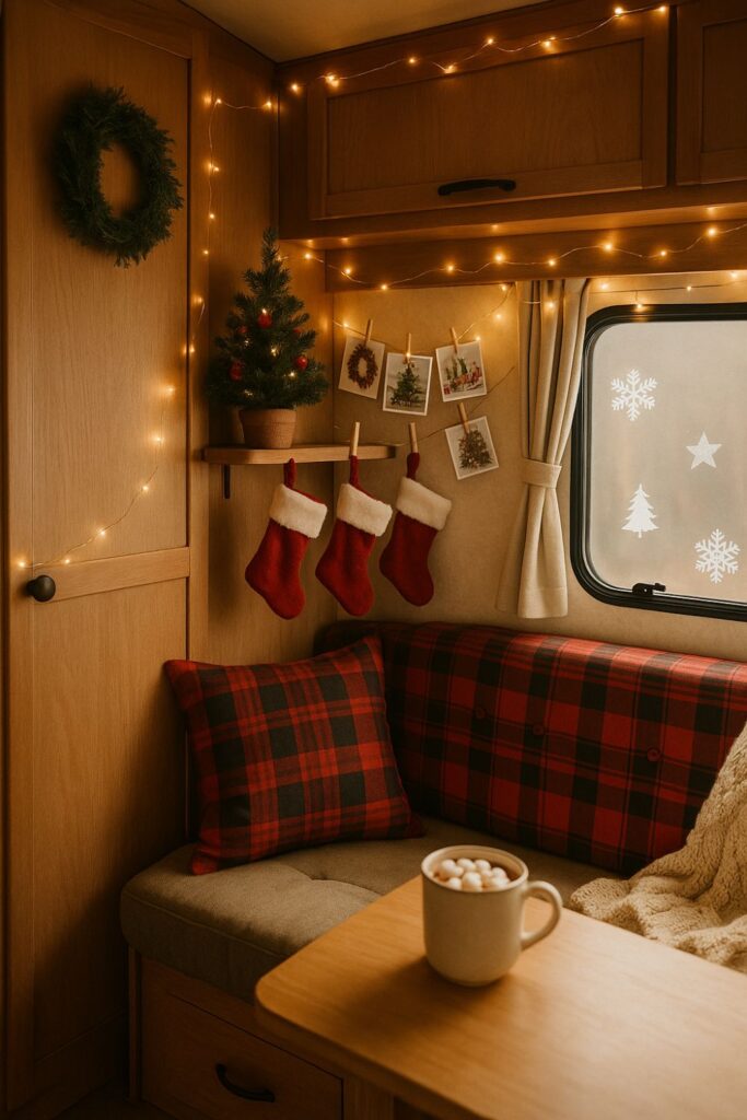 Portrait of an RV with a decorated Christmas corner featuring a miniature tree on a shelf, stockings, holiday cards on twine, fairy lights, plaid cushions, and a knit throw with cocoa on the table.