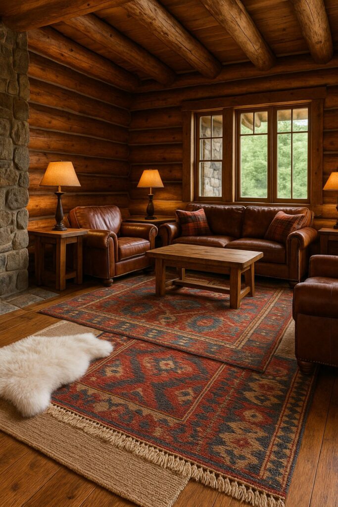 “Daytime mountain lodge living room with layered rugs—woven wool, patterned kilim, and faux fur—beneath leather seating, timber beams, and stone walls, sunlight streaming through windows.”