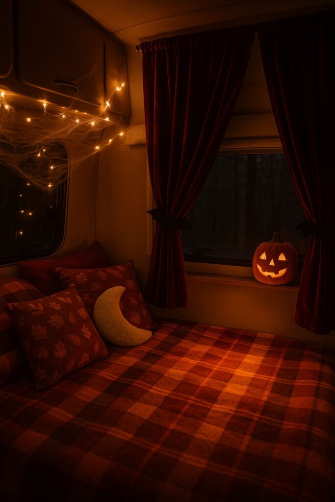 A camper van interior styled for Halloween with deep crimson velvet curtains tied back with bat-shaped ribbons, glowing fairy lights, and a pumpkin lantern beside plaid blankets.