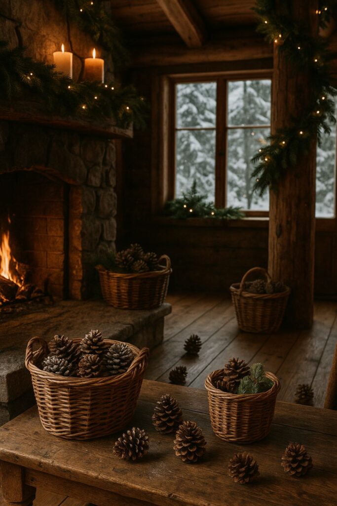 Woven wicker baskets filled with pinecones placed beside a stone fireplace in a mountain lodge decorated for Christmas.