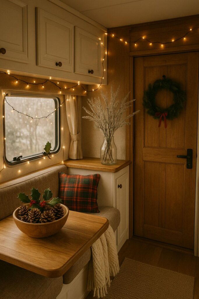 Portrait of an RV decorated for Christmas with a bowl of pinecones and holly on the table, a vase of snowy branches on the counter, fairy lights above, plaid cushions and a knit throw on the seating, and a wreath on the door.