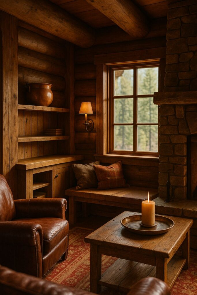“Daytime mountain lodge interior with a hammered copper pot on a wooden shelf, brass wall sconce on timber walls, bronze tray with candle on side table, leather armchair, stone fireplace, and window view of evergreen trees.”