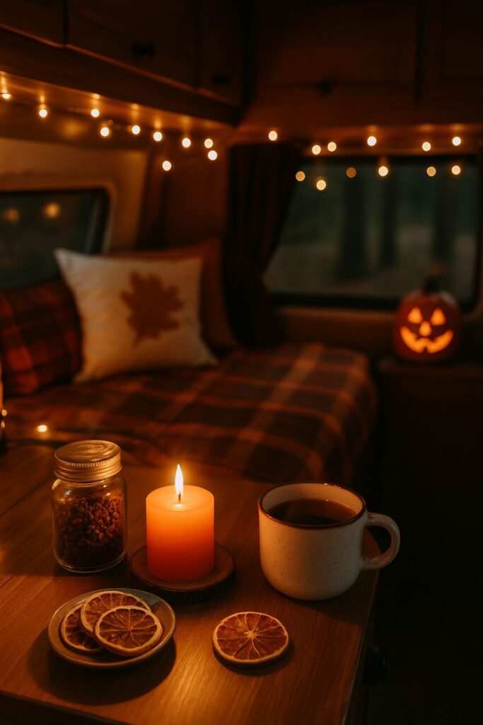 A camper van interior decorated for Halloween with a glowing candle, dried oranges, cloves, and a mug of tea, surrounded by plaid blankets and autumn accents.
