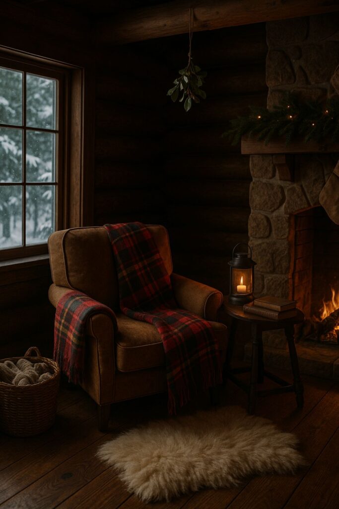 A cosy Christmas reading nook in a mountain lodge with a tartan blanket, lantern, books, and a glowing fire.