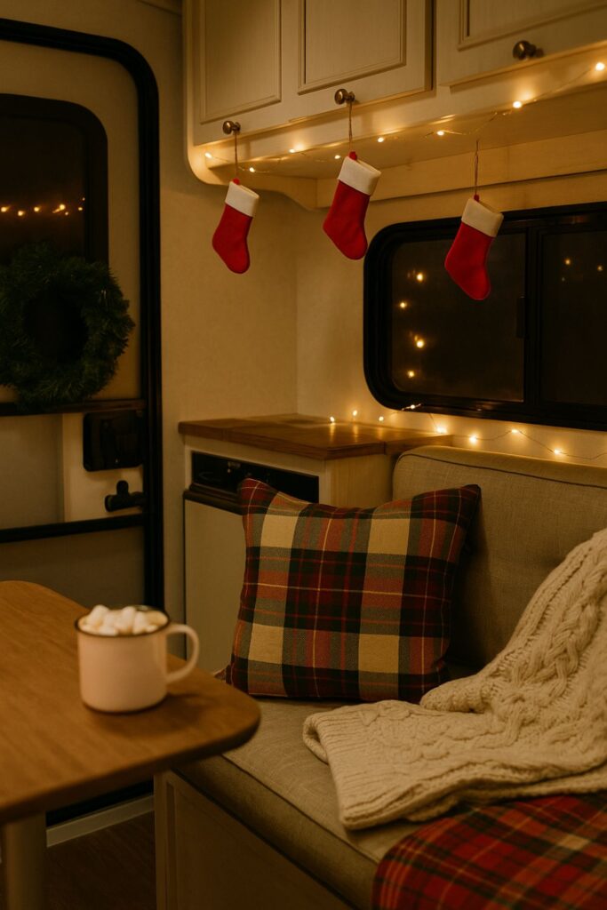 Portrait of an RV decorated for Christmas with mini red stockings hanging from cupboards, fairy lights above, plaid cushions and a knit blanket on the seating, and a mug of cocoa on the table.