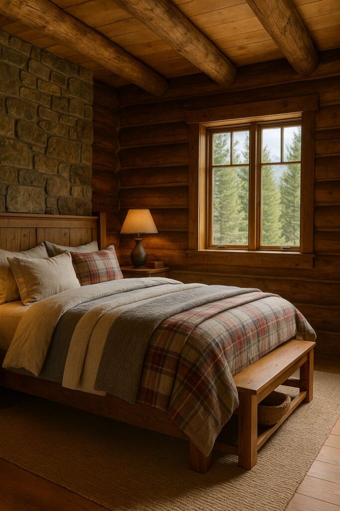 “Rustic mountain lodge bedroom with oversized bed layered in flannel sheets, woollen blankets, and a quilted coverlet, timber beams, stone accent wall, bedside lamp, and daylight streaming through a window with evergreen trees outside.”