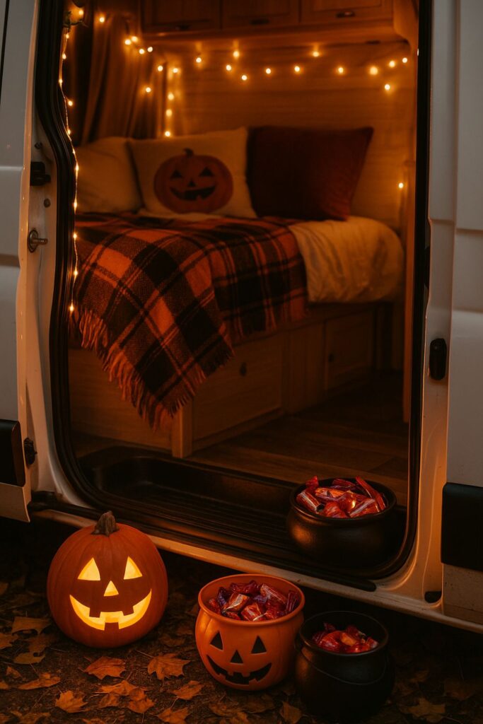 A camper van doorway decorated for Halloween with a basket of sweets, a pumpkin bowl, and a glowing jack-o’-lantern beside plaid blankets and fairy lights inside.